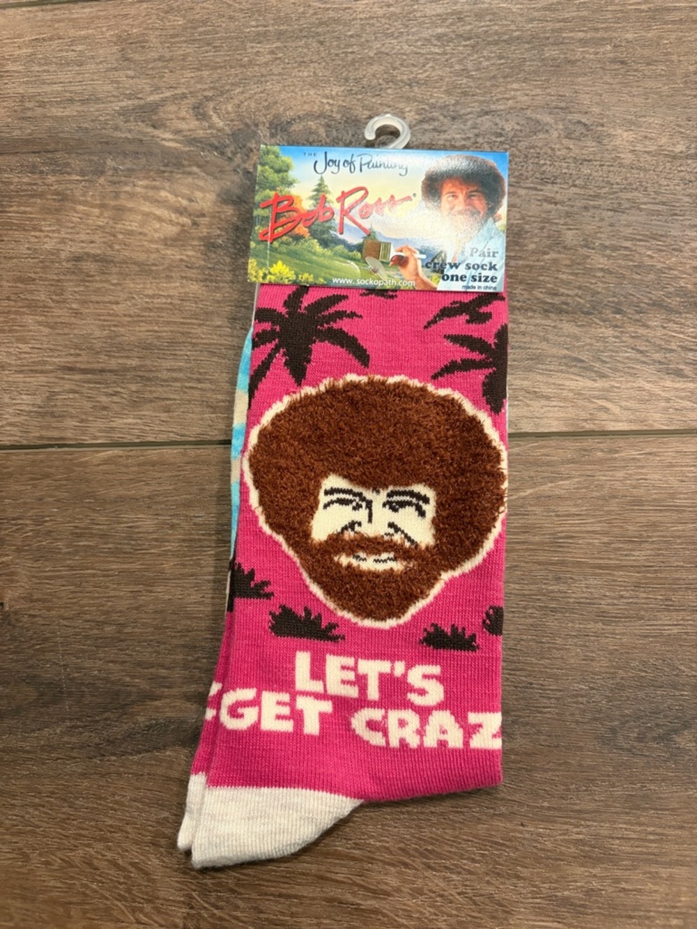 Bob Ross Pink Crew Socks with 'Let's Get Crazy' Graphic - One Size
